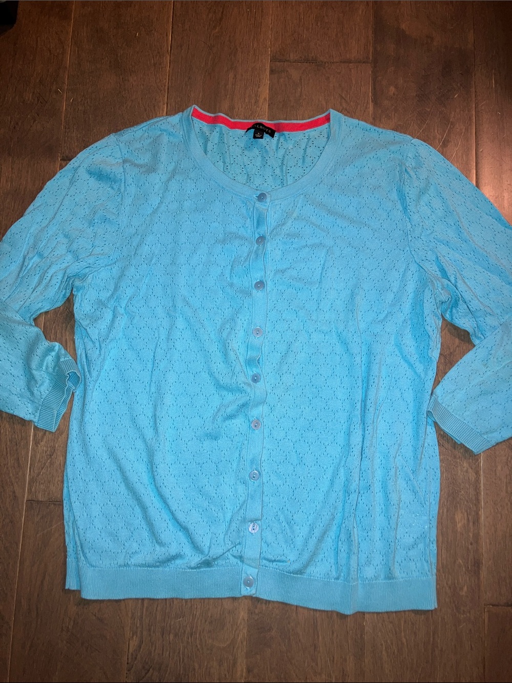 Talbots Light turquoise Blue Button-Up 3/4 sleeve Cardigan with Pink Neck Trim